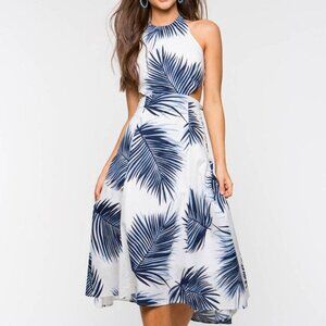 Blue & white tropical leaf print dress